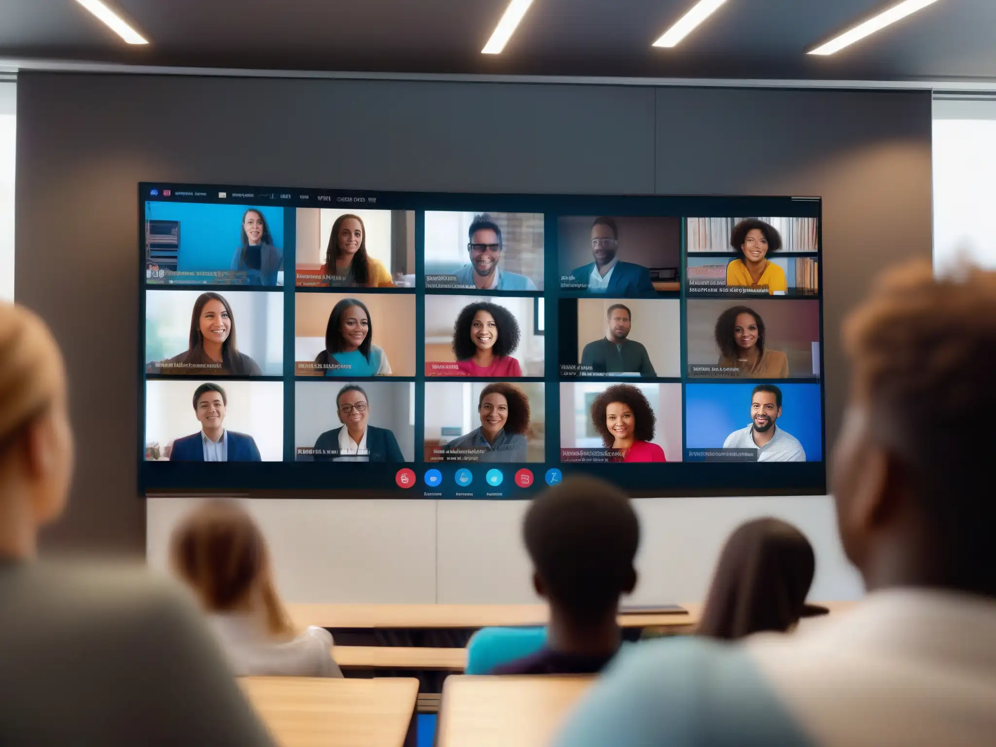 Clase online interactiva con tecnología LMS Profesor interactuando en videoconferencia con estudiantes en educación a distancia, destacando la integración LMS y videoconferencias