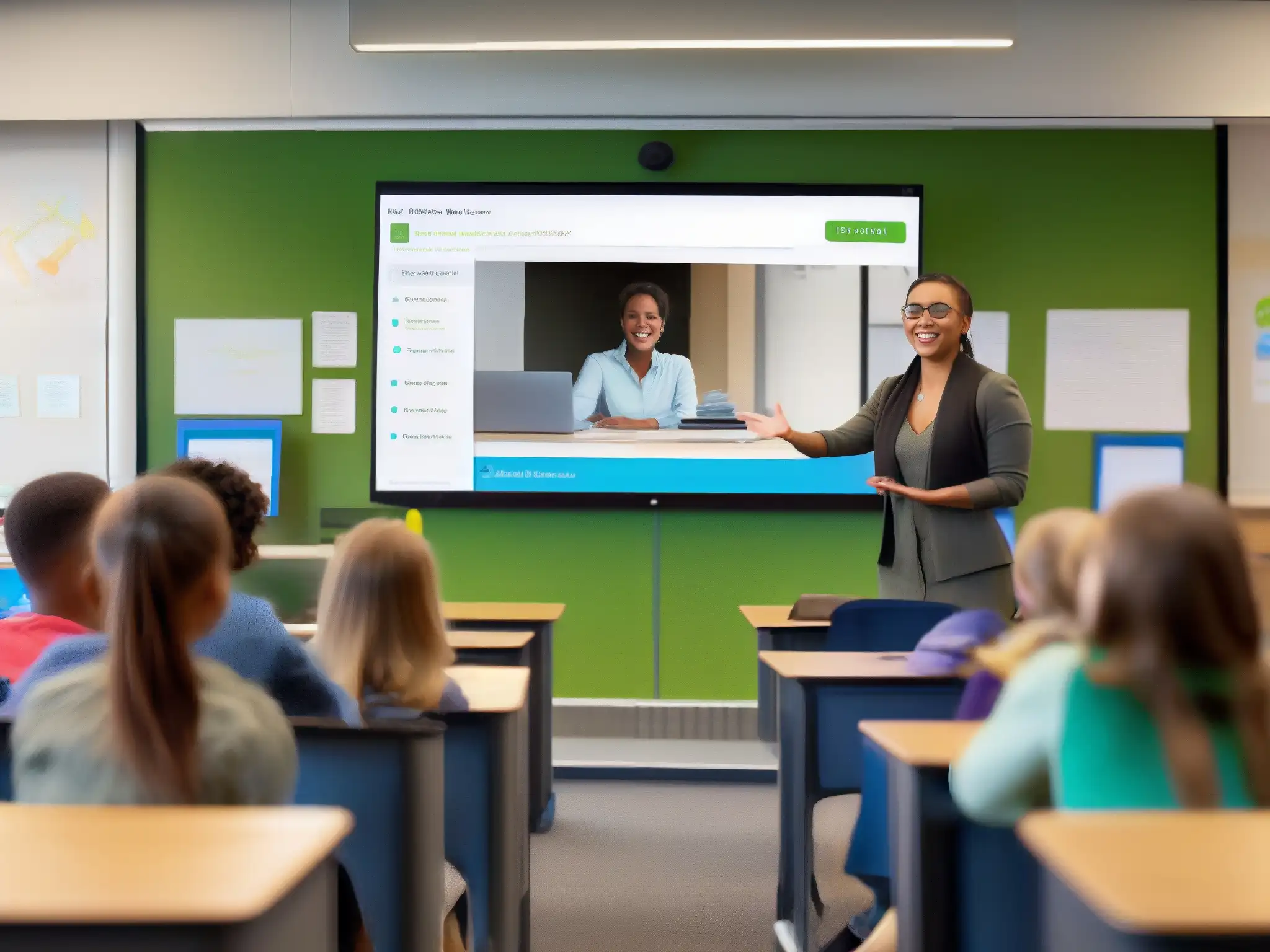Clase virtual con Zoom: estudiantes participando activamente Profesora y estudiantes usando Zoom en un aula moderna