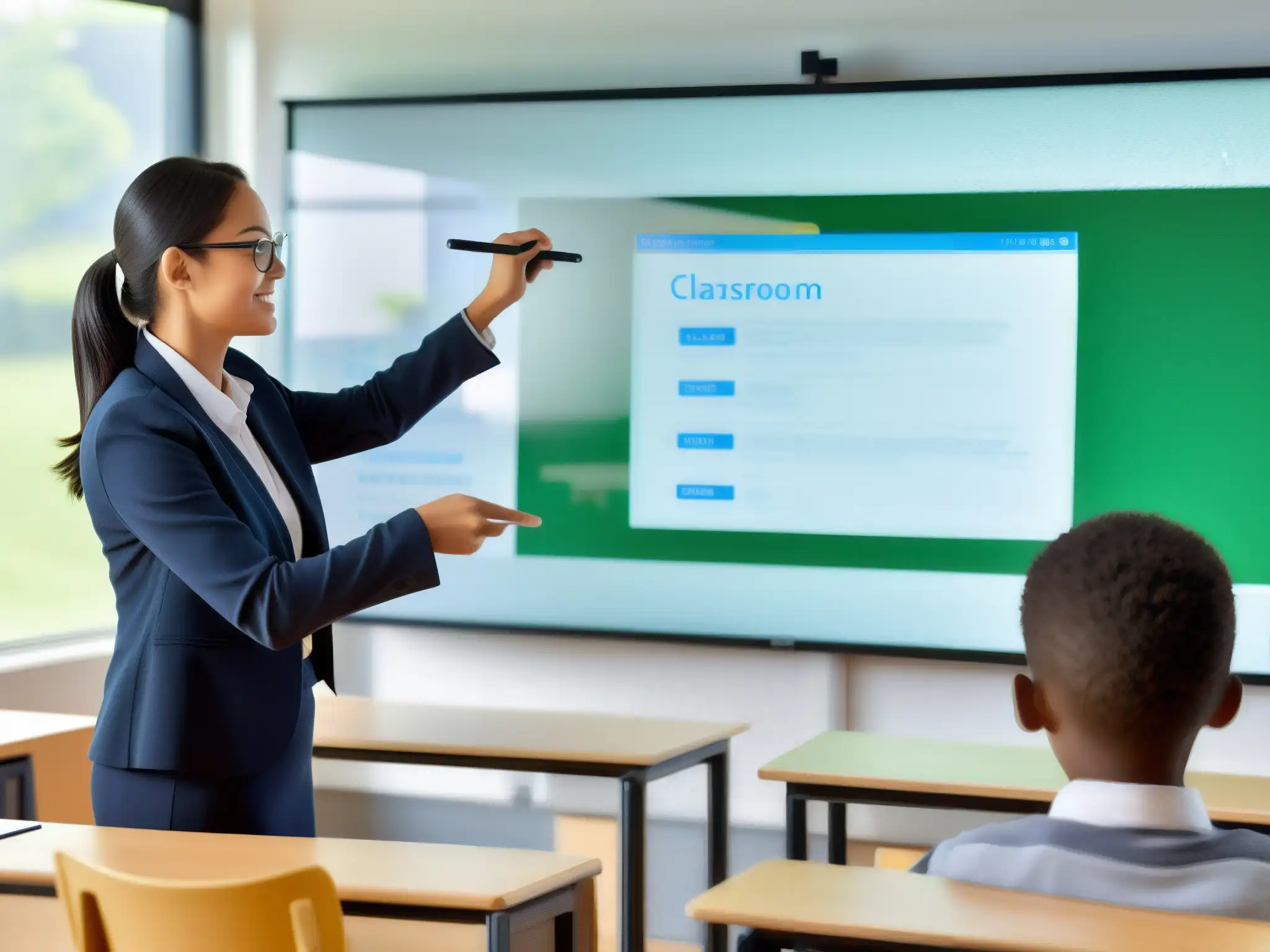 Clase moderna con herramientas de enseñanza online Profesora usa herramientas de videoconferencia y enseñanza online en aula moderna