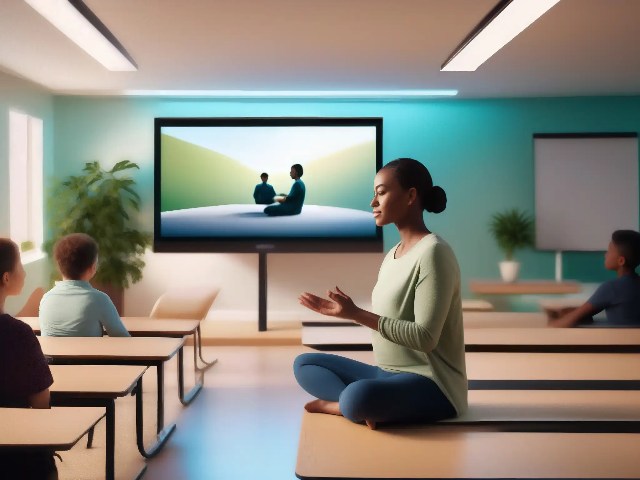 Clase virtual de mindfulness: guía en paz para estudiantes Una profesora guía técnicas de mindfulness en videoconferencia, creando un ambiente sereno y enfocado para los estudiantes