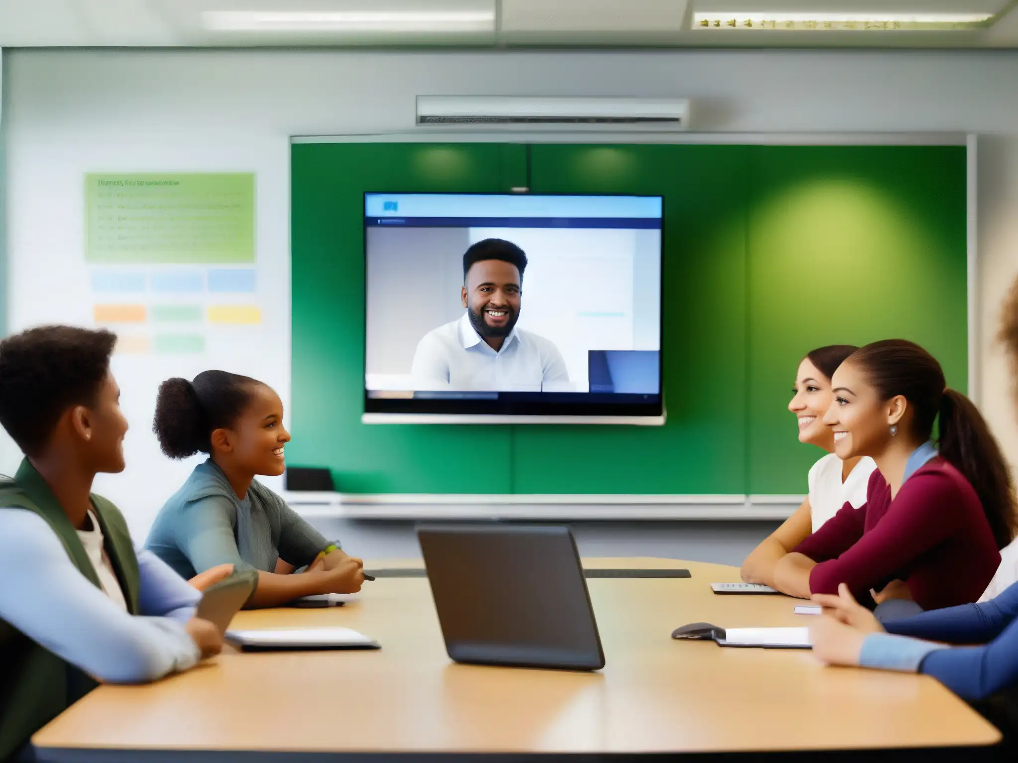 Clase moderna con videoconferencia interactiva Profesora lidera una videoconferencia educativa segura y protegida, con estudiantes participativos en un aula moderna y bien iluminada