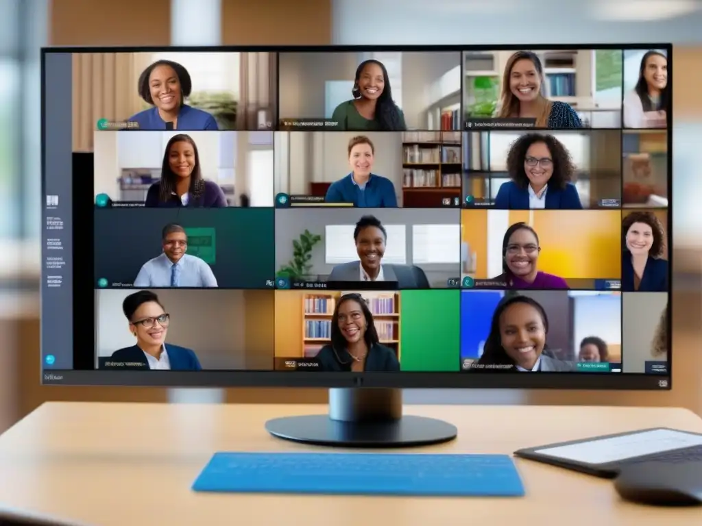 Clase virtual dinámica con Zoom: Estudiantes y maestros en interacción Profesores y estudiantes participan en una animada sesión de aula virtual a través de Zoom