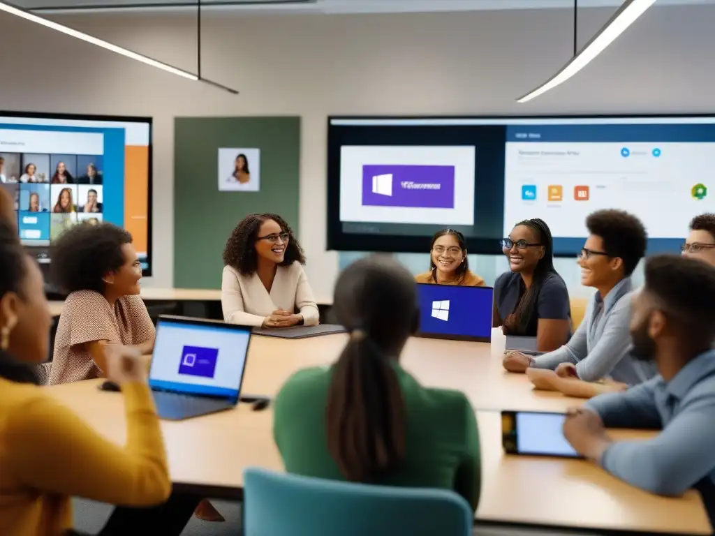 Vibrante interacción educativa en Microsoft Teams Profesores y estudiantes participan en una animada discusión usando Microsoft Teams, con tecnología de aula moderna en segundo plano