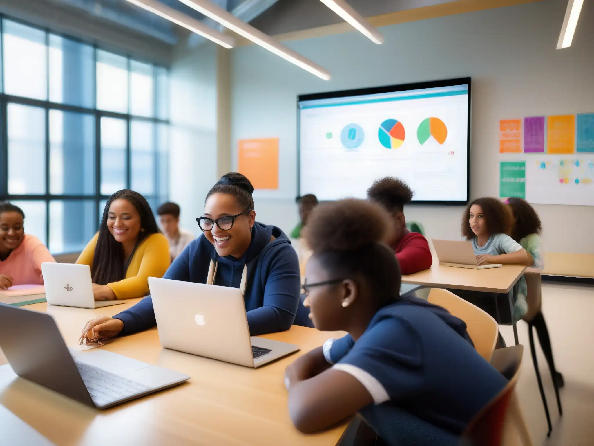 Colaboración educativa dinámica con Asana en aula moderna Profesores y estudiantes colaboran con entusiasmo en la gestión efectiva de proyectos educativos usando Asana en un aula moderna y luminosa