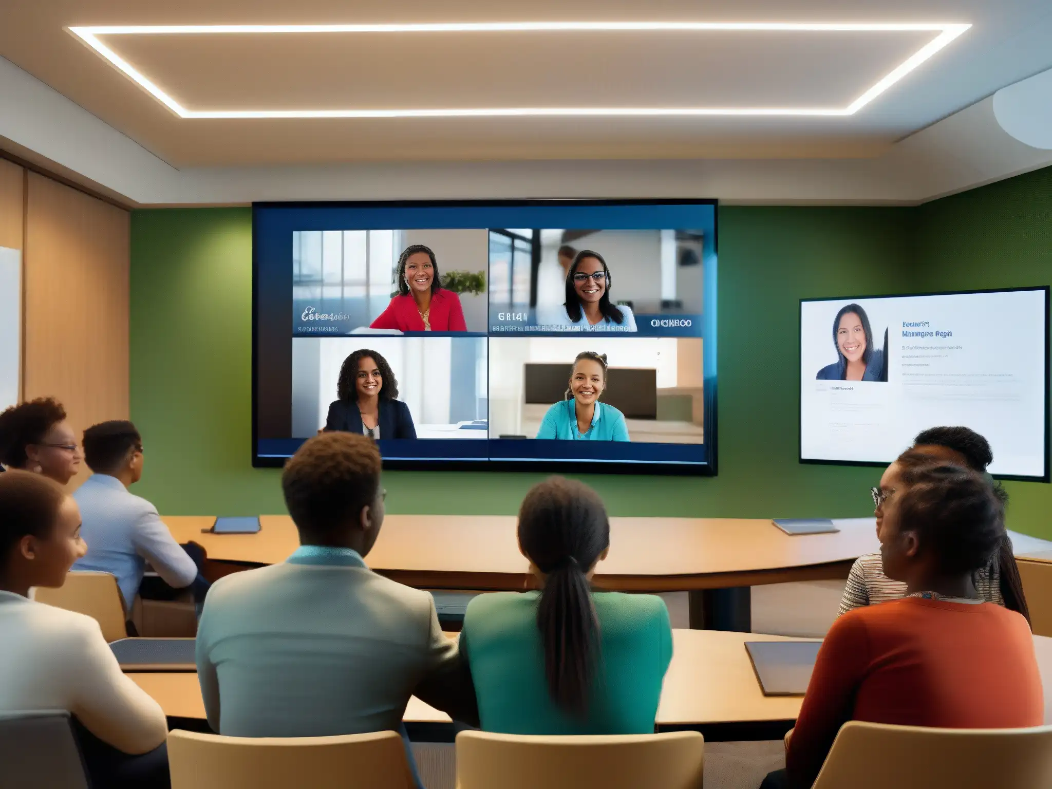 Videoconferencia educativa: innovación digital en el aula Profesores y estudiantes participan en una videoconferencia dinámica, con tecnología de vanguardia y un ambiente colaborativo