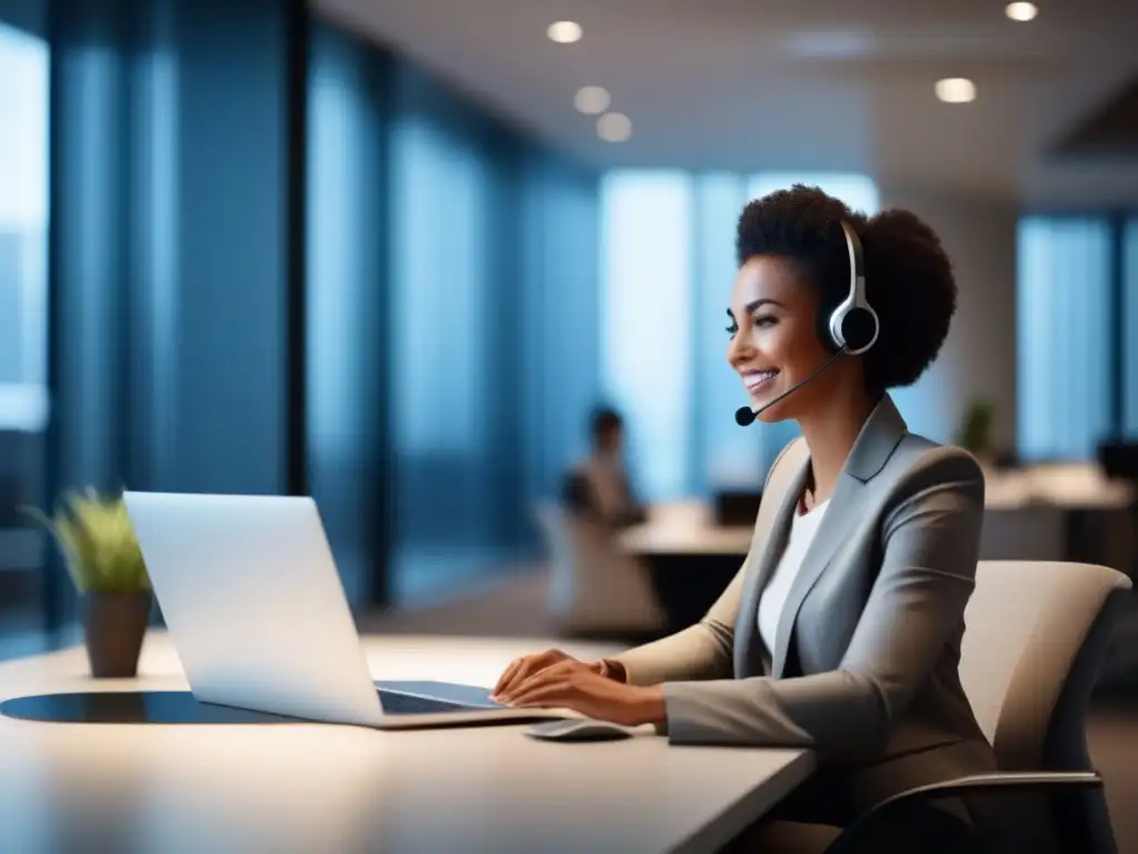 'Fomentar puntualidad en videoconferencias: Oficina moderna, profesional comprometido en reunión virtual, ambiente cálido y eficiente