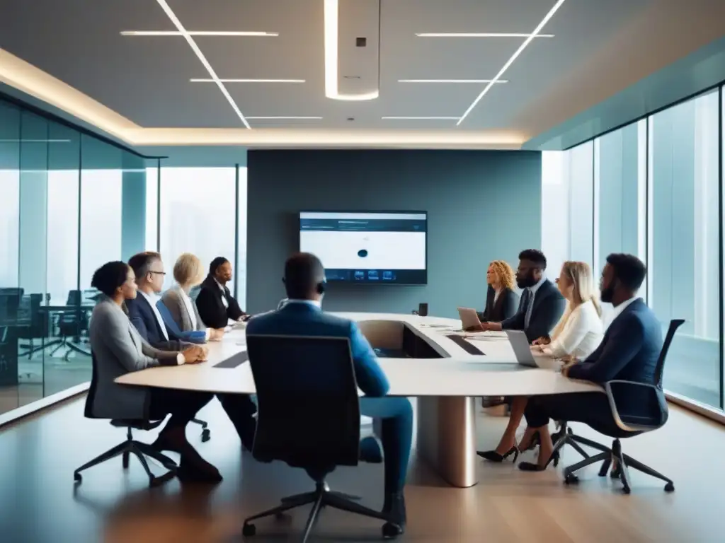 Fomentar puntualidad en videoconferencias: Profesionales en reunión virtual, ambiente moderno y profesional, todos atentos a la pantalla