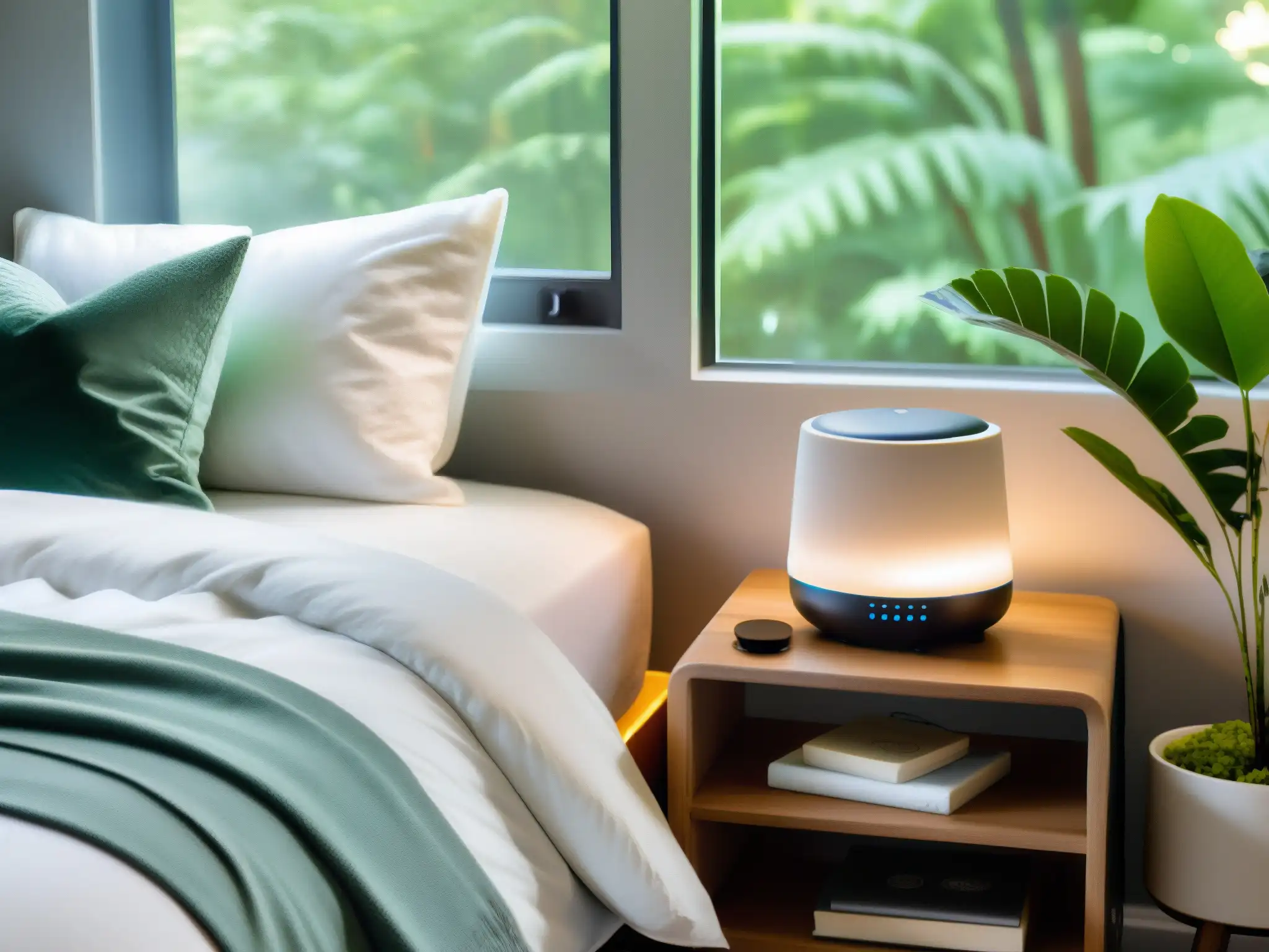 Refugio de relajación con esencia natural y tecnología inalámbrica Recámara moderna con ambiente relajante para desconectarte de videoconferencias trabajo
