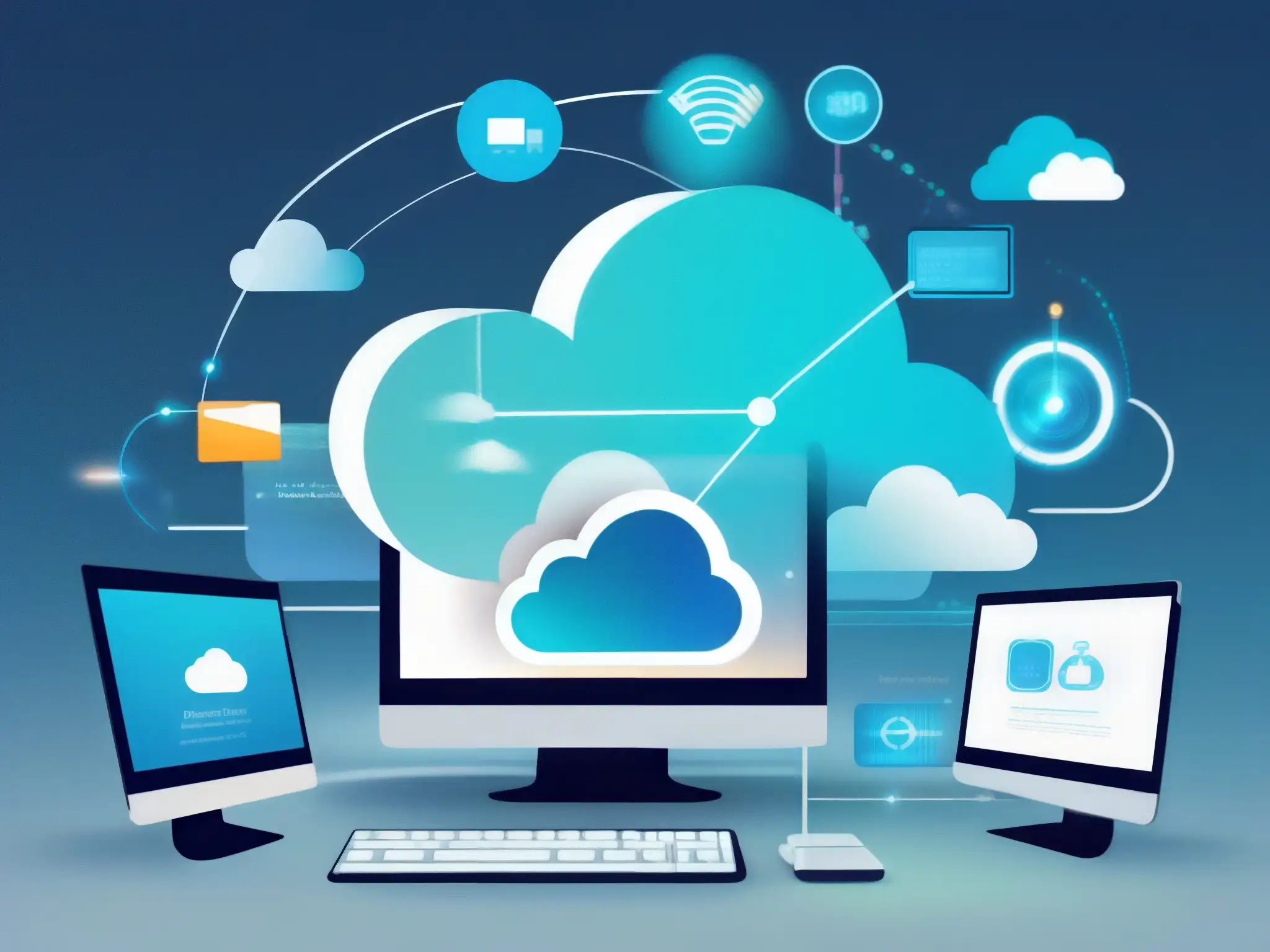 Redes de computación en la nube: sincronización de datos Red de computación en la nube con dispositivos interconectados, sincronización de datos en progreso