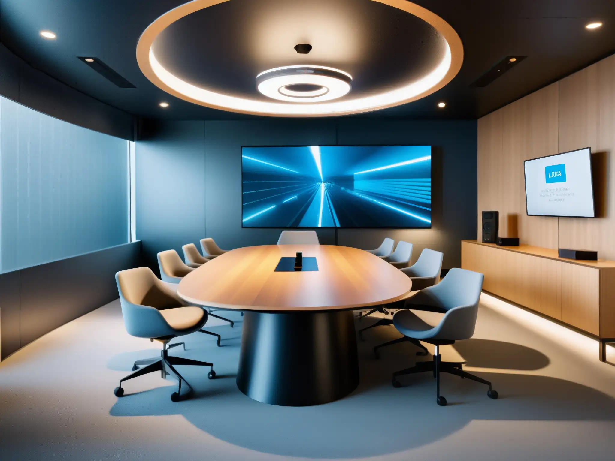 Sala de videoconferencias futurista con tecnología de reducción de ruido AI Reducción de ruido de fondo en videoconferencias: Sala moderna con tecnología AI, personas profesionales en productiva videoconferencia