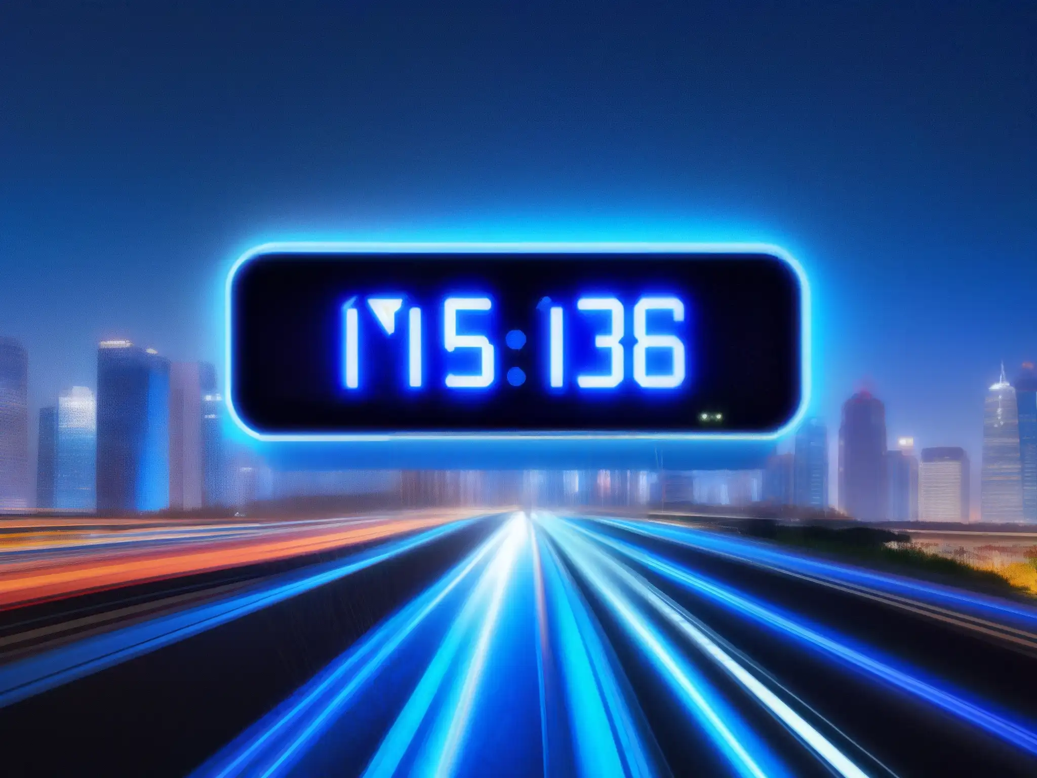 Reloj digital futurista en la ciudad nocturna Reloj digital futurista en la ciudad nocturna, reflejando la eficiencia de la mejor plataforma de videoconferencia para la gestión del tiempo