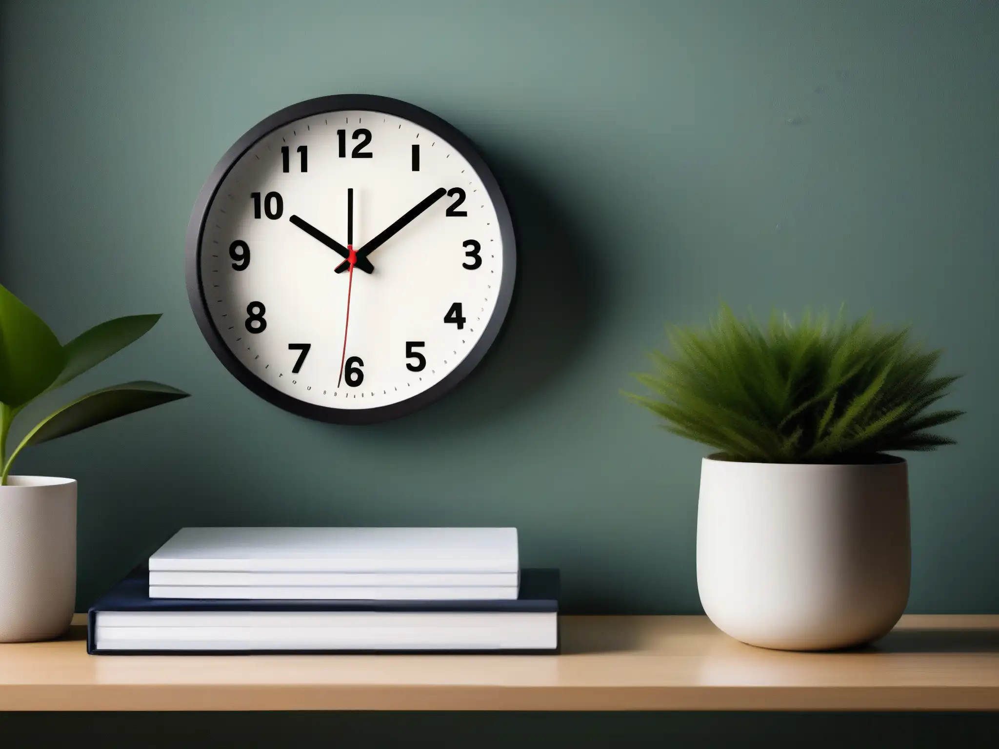 Reloj digital moderno a las 10:00 AM con luz suave Un reloj digital moderno muestra las 10:00 AM en un ambiente sereno y enfocado, rodeado de cuadernos y una planta en un escritorio limpio