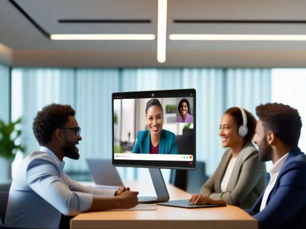 Videoconferencia profesional en Chromebook, ambiente moderno y productivo Rendimiento videoconferencia Chromebooks en moderno entorno de oficina con participantes comprometidos en llamada clara y nítida