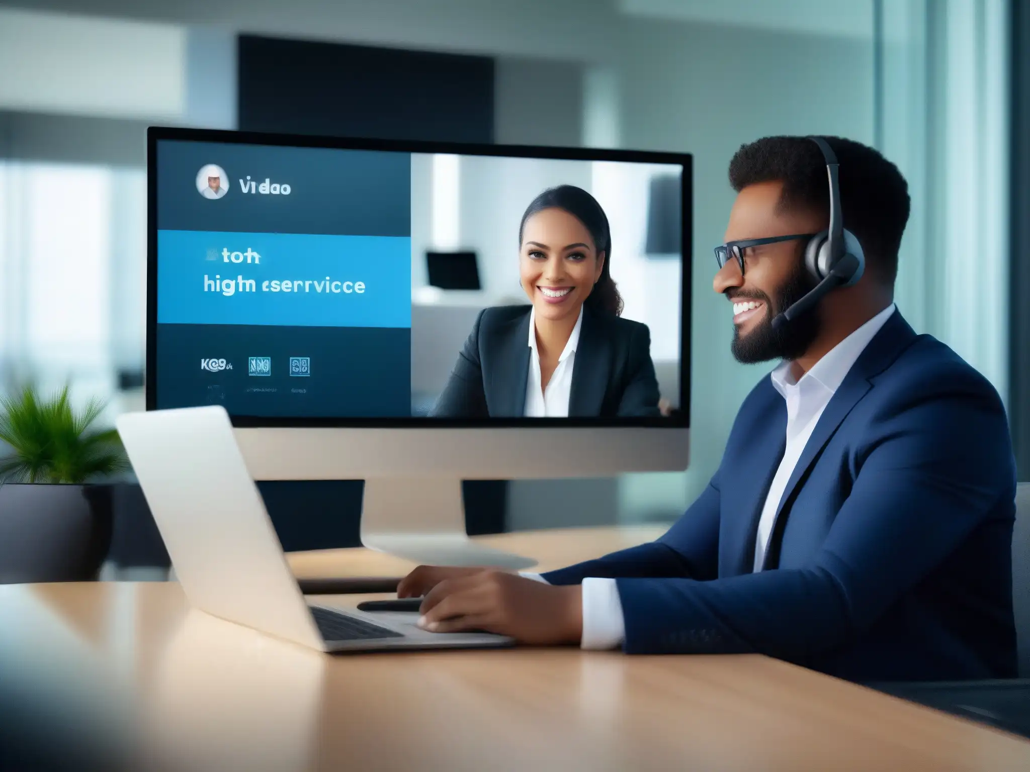 Atención al cliente bancario: videoconferencia profesional Representante bancario en videoconferencia con cliente, proyectados en pantalla de alta resolución