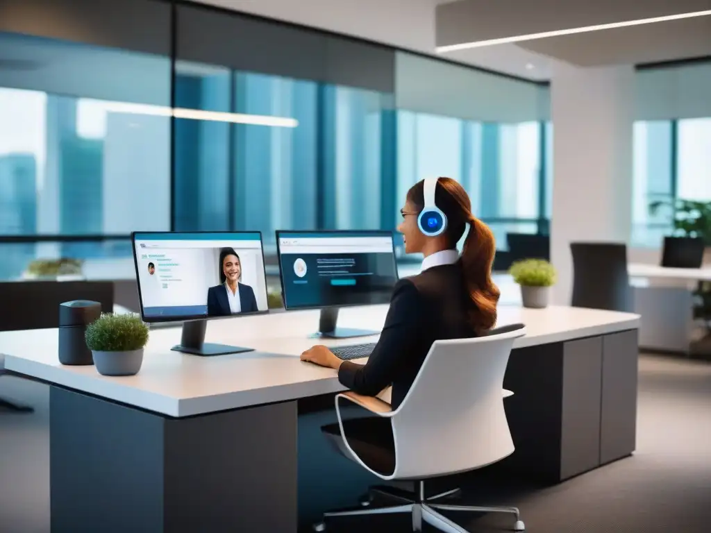 Atención al cliente personalizada con Pexipintegrado en CRM Representante de atención al cliente en video llamada con integración Pexip CRM, ambiente de oficina moderno y eficiente