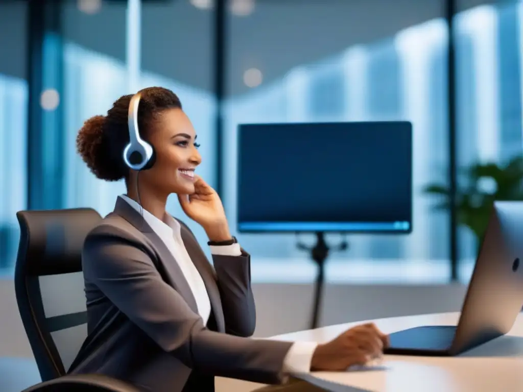 Atención al cliente eficiente y profesional en videoconferencia Representante de atención al cliente en videoconferencia con cliente satisfecho en moderna oficina