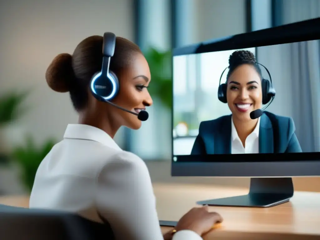 Atención al cliente en videoconferencia con Join Un representante de servicio al cliente se comunica con un cliente en una videollamada a través de Join