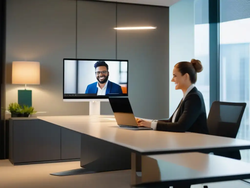 Oficina moderna con atención al cliente por video Una representante de servicio al cliente en una oficina moderna y elegante, atendiendo a un cliente a través de la integración de Pexip CRM