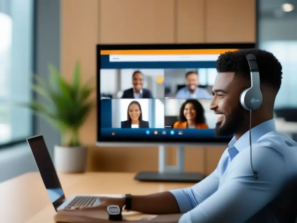 Atención al cliente: Videoconferencia y CRM integrados Representante de servicio al cliente usando RingCentral Meetings para video llamada con integración CRM