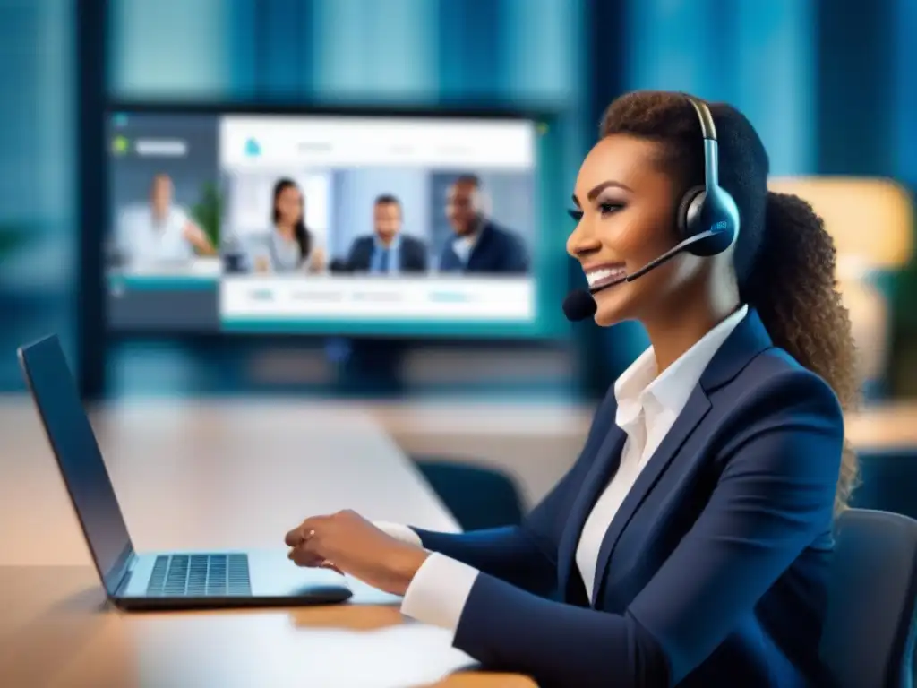Atención al cliente: Videoconferencia con ecommerce Un representante de servicio al cliente en una videoconferencia con un cliente, integrando ecommerce