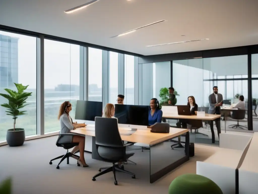 Atención al cliente en oficina moderna con Join Representantes de servicio al cliente brindando asistencia por video, mejorando experiencia video asistencia cliente