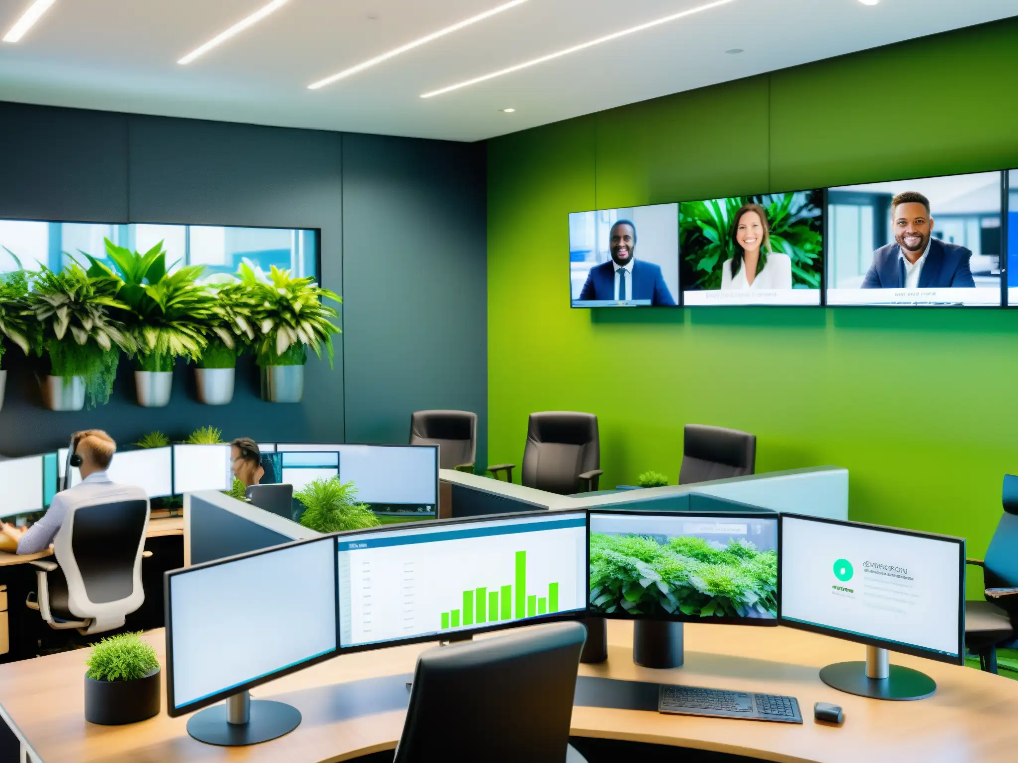 Centro de atención al cliente con video llamadas Representantes de servicio al cliente en un call center moderno, brindando video asistencia con profesionalismo y confianza