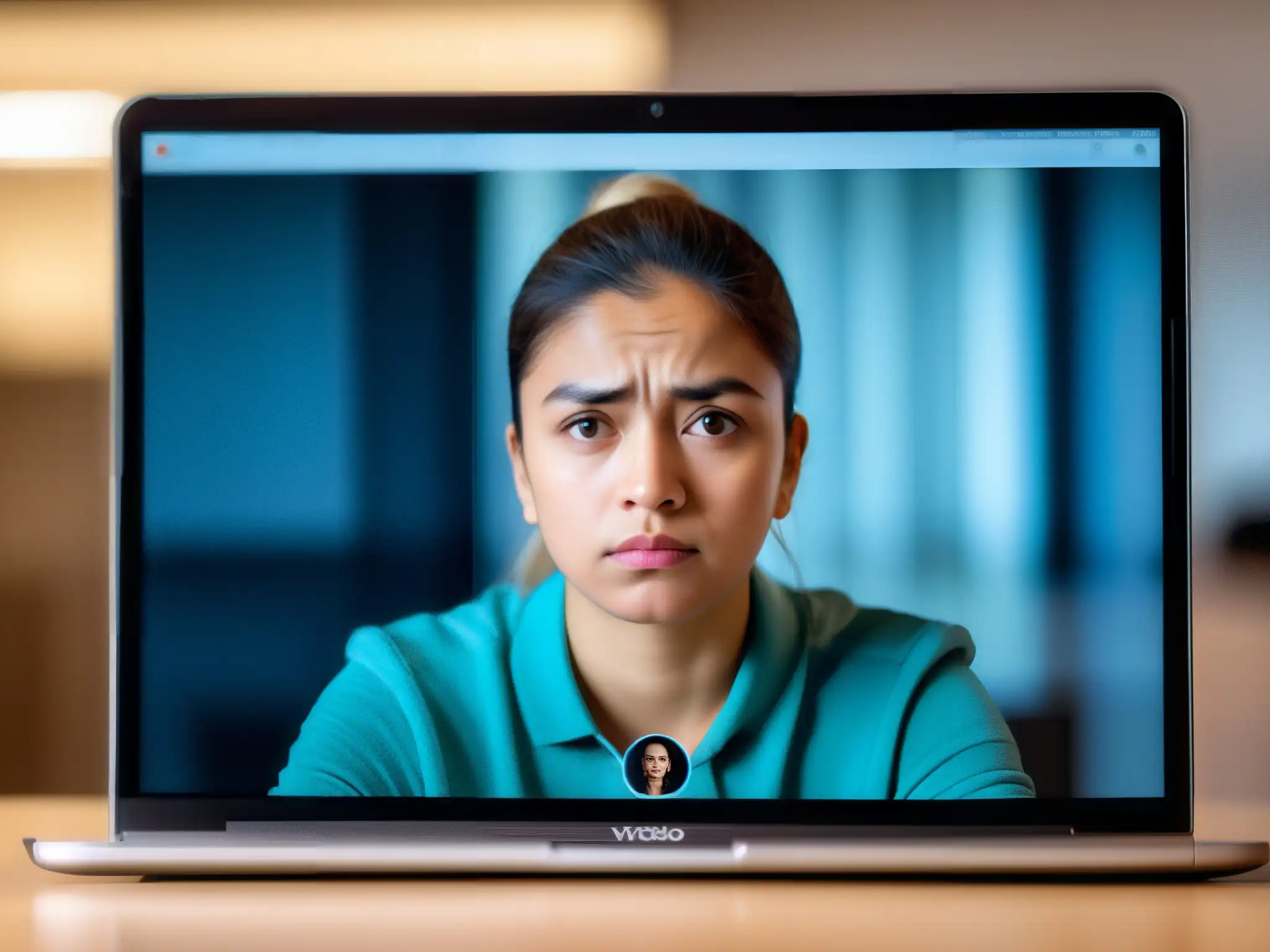 Reflexiones en la pantalla: Tensión en video llamada Un retrato en alta resolución de una persona con ceño fruncido y expresión tensa, mirando una pantalla de video llamada con reticencia