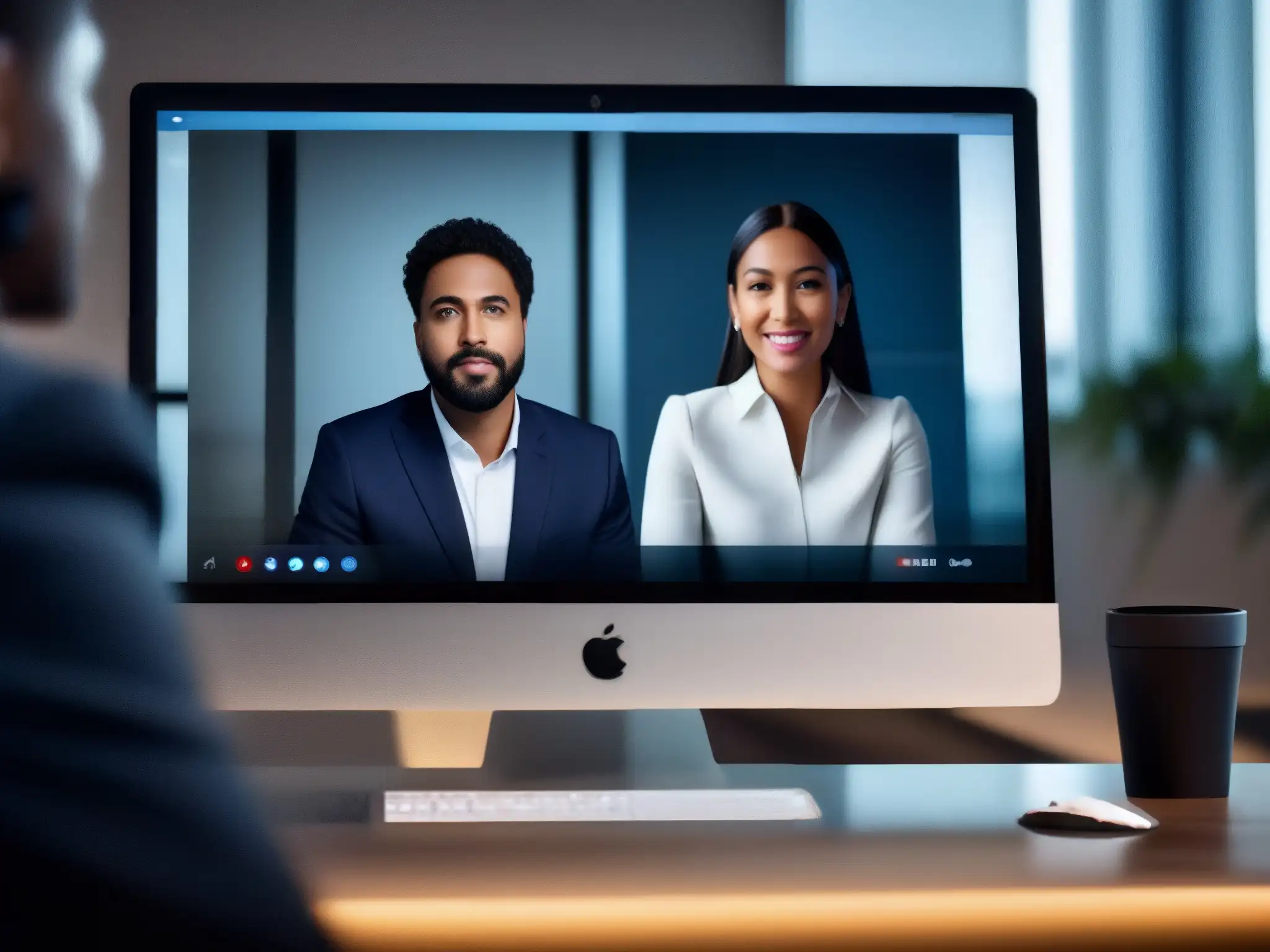Rostro en videoconferencia: alta calidad y profesionalismo Un retrato de alta definición durante una videoconferencia inteligente con IA