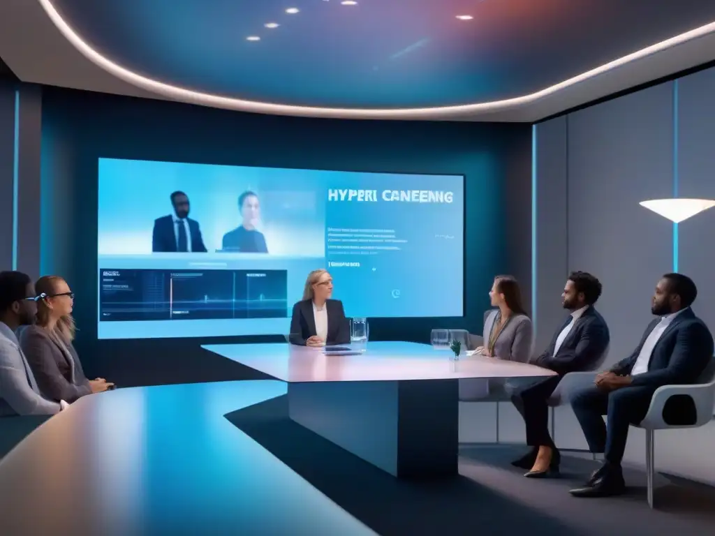 Conferencia holográfica futurista: colaboración sofisticada Reunión colaborativa futurista con tecnologías emergentes de videoconferencias en un ambiente elegante y luminoso