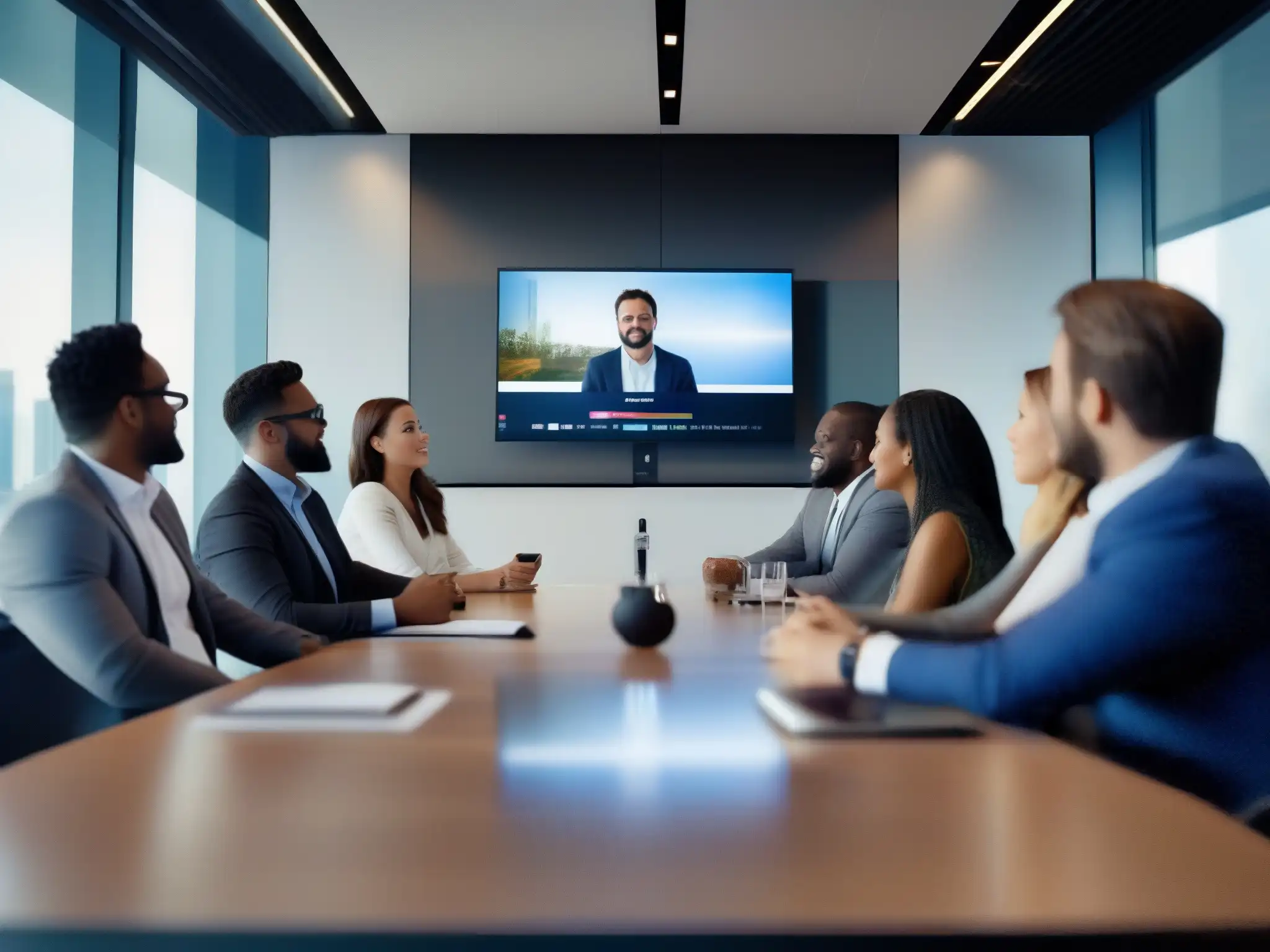 Inversores profesionales en videoconferencia con equipo innovador Reunión de inversores y startups en sala moderna con tecnología de videoconferencia