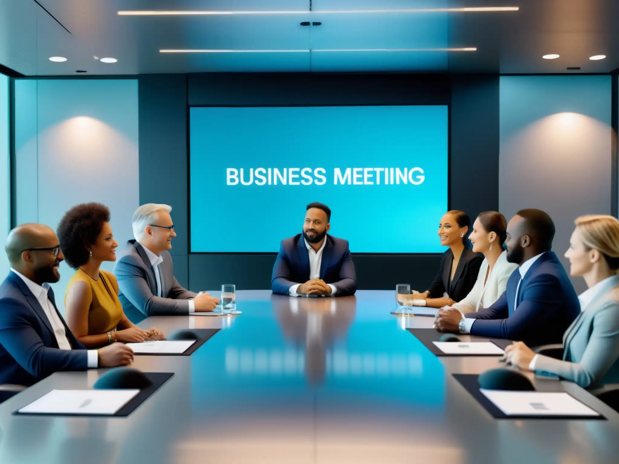 Reunión empresarial tecnológica en sala moderna Reunión de negocios en sala de conferencias moderna, con tecnología de vanguardia y enfoque en la planificación de reuniones en CRM