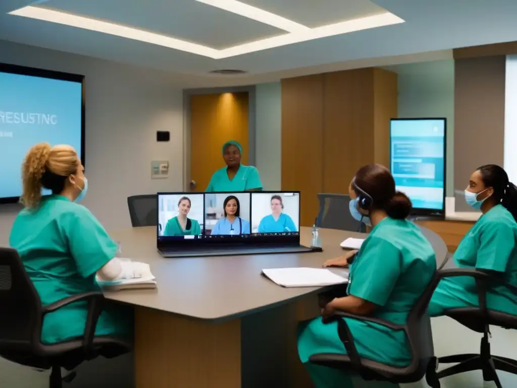 Reunión médica virtual en hospital moderno Reunión de personal médico en videoconferencia, optimizando tiempos en el sector salud
