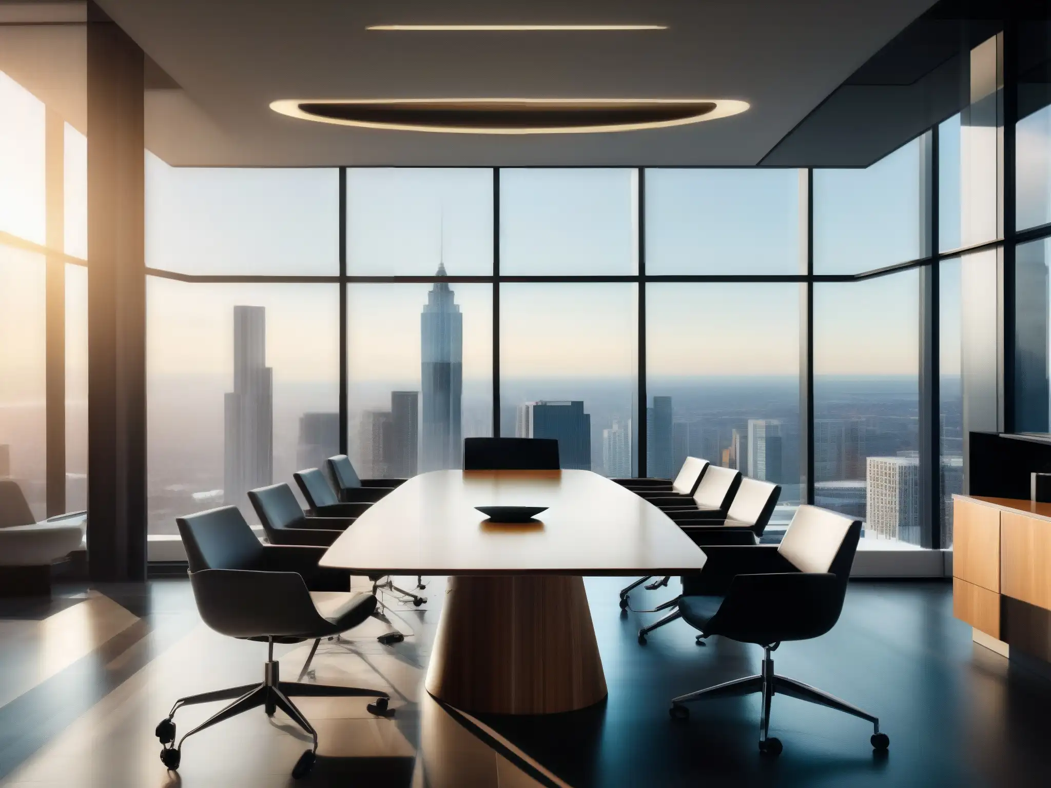 Sala de reuniones moderna con vista a la ciudad y colaboración eficiente Una reunión productiva en una moderna sala de conferencias con vistas a la ciudad