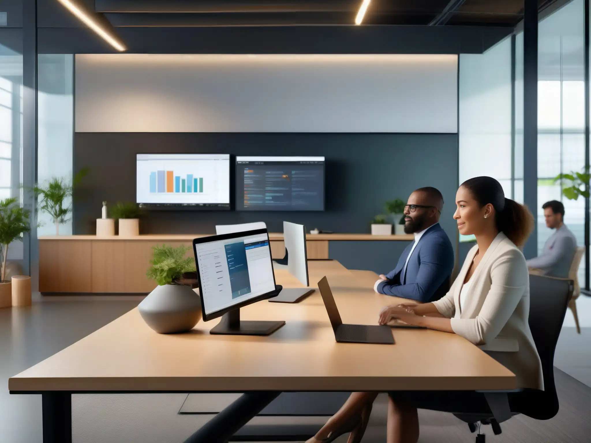 Oficina moderna con Amazon Chime: colaboración profesional Una reunión productiva en una oficina moderna con la interfaz personalizable de Amazon Chime en múltiples pantallas