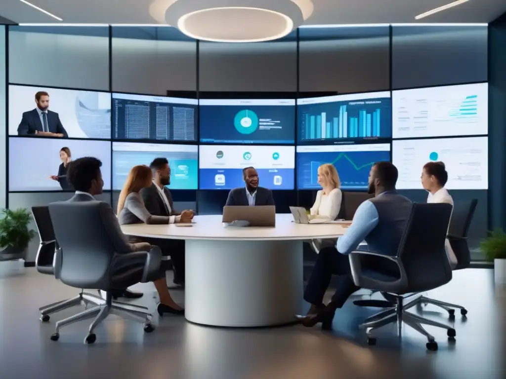 Reunión virtual en oficina moderna: integración perfecta Una reunión de profesionales en una oficina moderna y elegante, con pantallas grandes mostrando datos y gráficos
