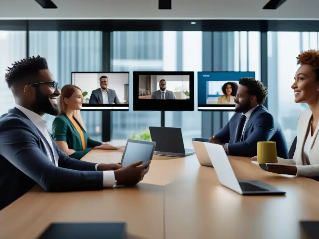 Profesionales colaborando en videoconferencia Una reunión de trabajo virtual eficiente y colaborativa, con profesionales usando diferentes dispositivos en una oficina contemporánea bien iluminada