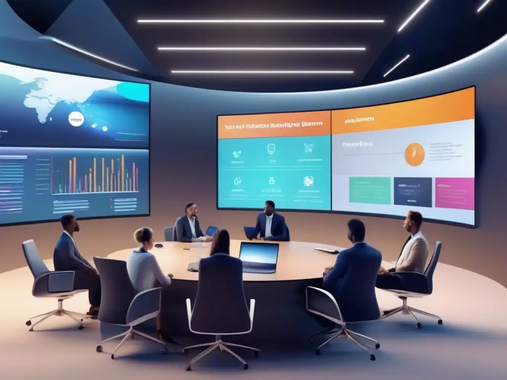 Sala de reuniones virtuales 8k: participantes comprometidos en actividades variadas en un ambiente moderno y eficiente Una reunión virtual de alta tecnología, con participantes usando funciones avanzadas de Zoom y Microsoft Teams