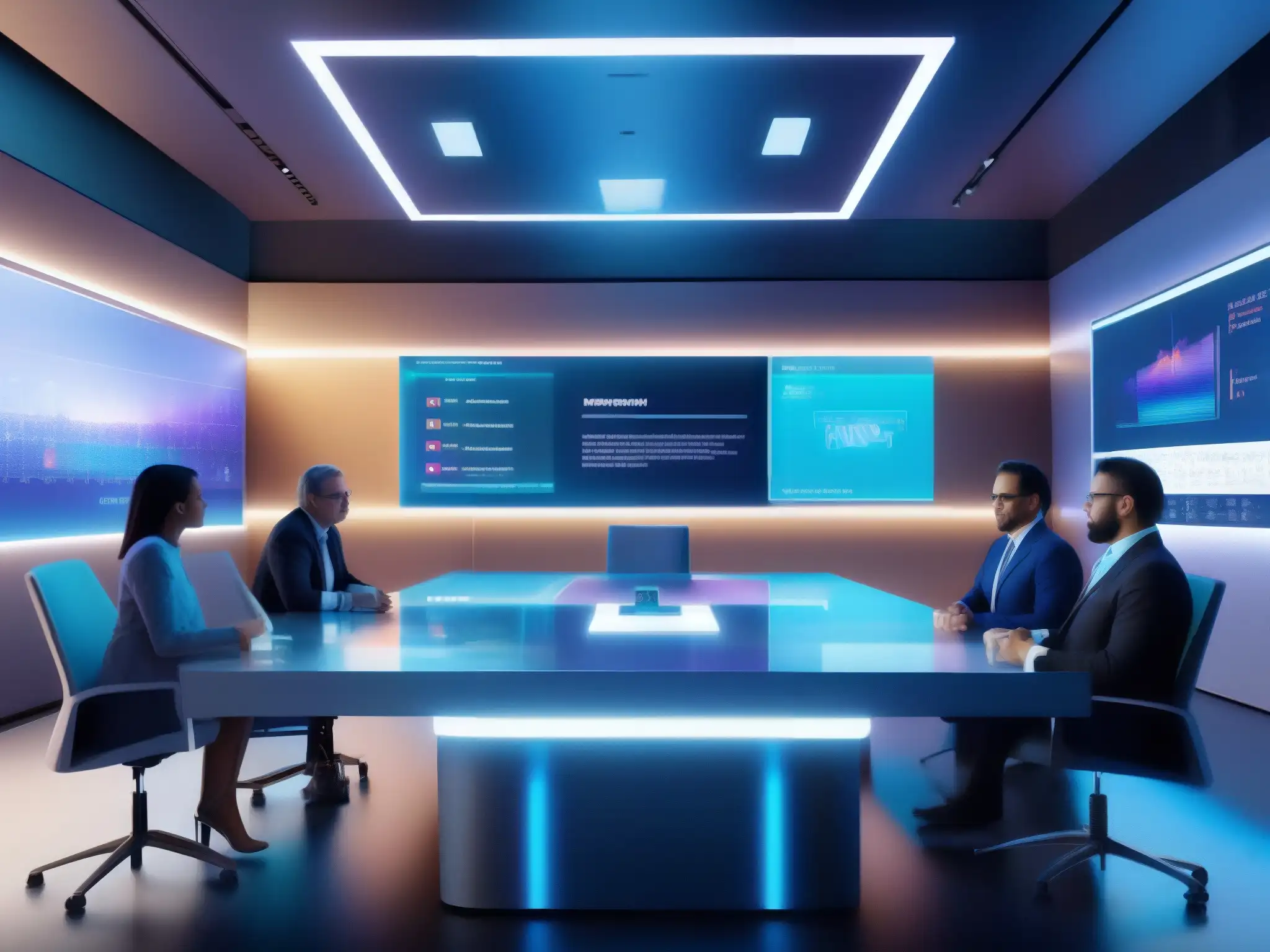 Sala de reuniones virtuales futurista con IA y tecnología avanzada Reunión virtual futurista con automatización de agendas y minutas con IA