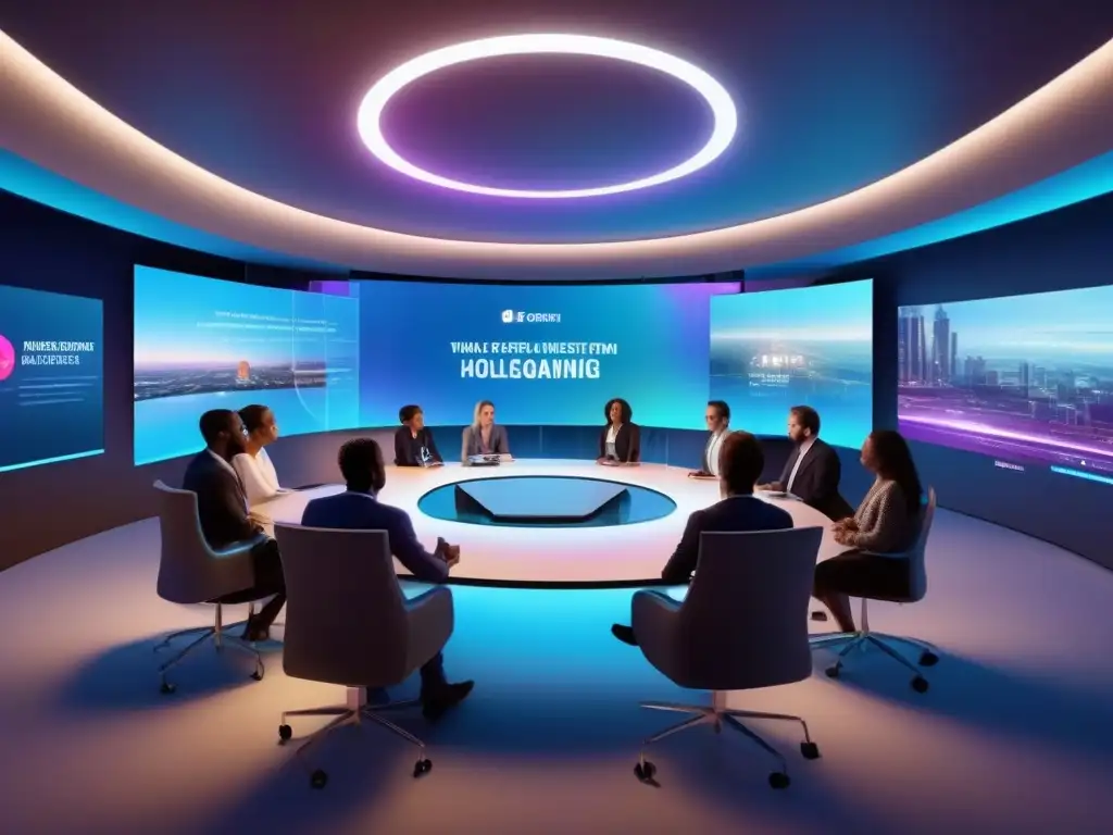 Salas de reuniones virtuales: innovación y diversidad en acción Reunión virtual futurista con gamificación y diversidad en startups