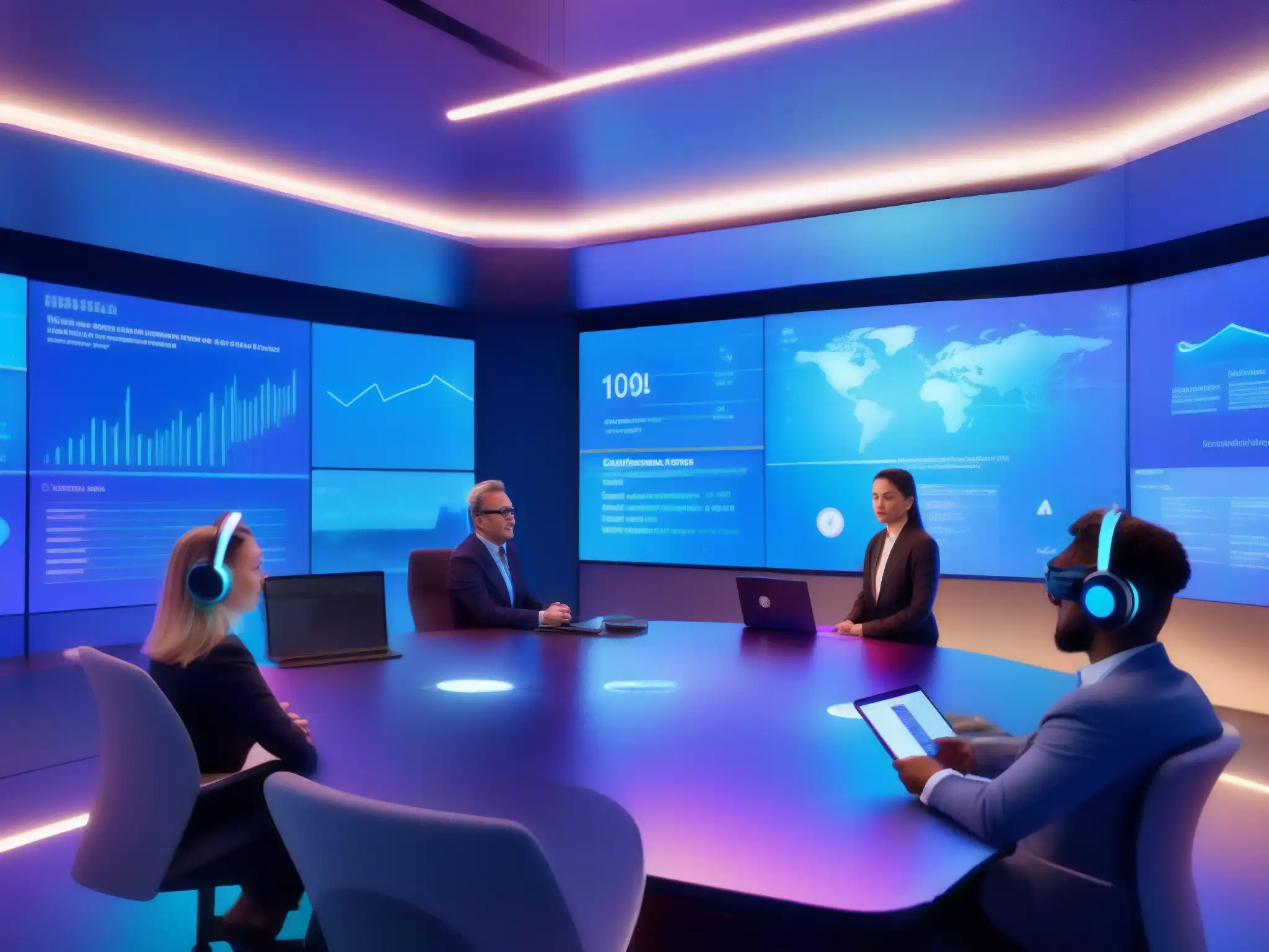 Reunión virtual futurista con hologramas y análisis de datos en 8k Reunión virtual futurista con hologramas y análisis de datos, automatización análisis reuniones virtuales