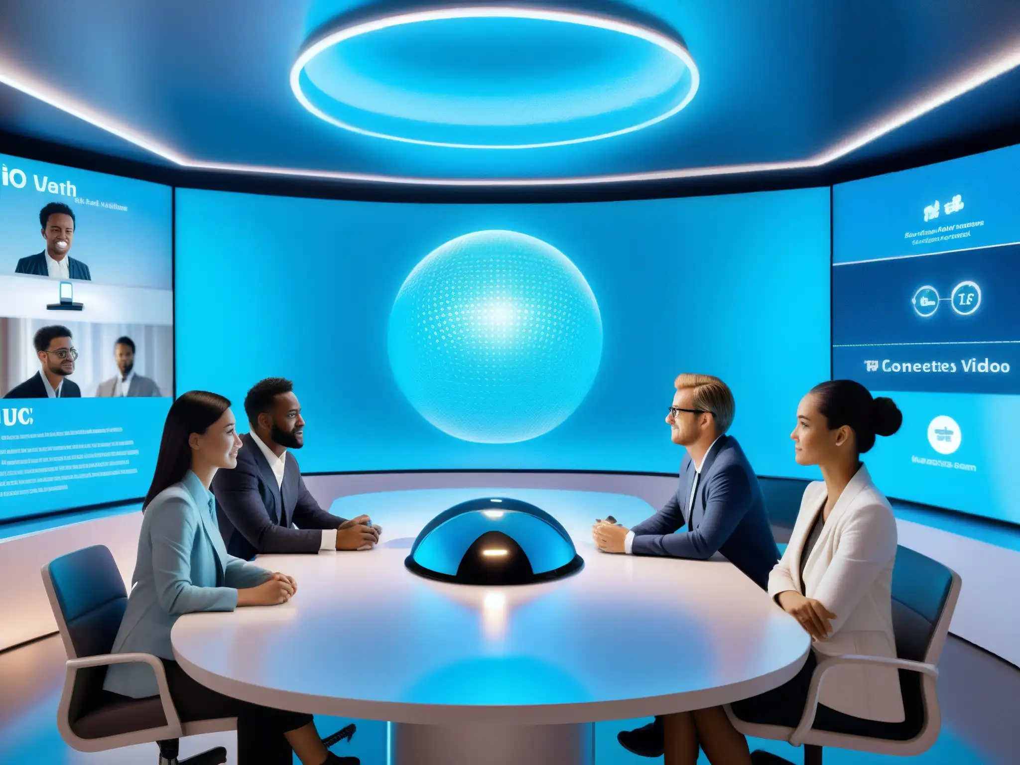 Sala de videoconferencia futurista con IA y participantes diversos Una reunión virtual futurista con integración de inteligencia artificial en la videoconferencia, mostrando diversidad y profesionalismo