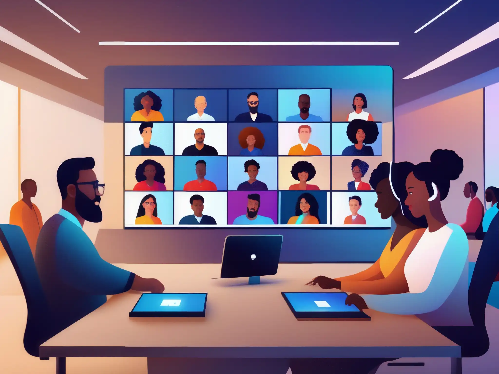 Reunión inclusiva en videoconferencia 8k Una reunión virtual inclusiva con personas diversas, destacando el desarrollo inclusivo en videoconferencias