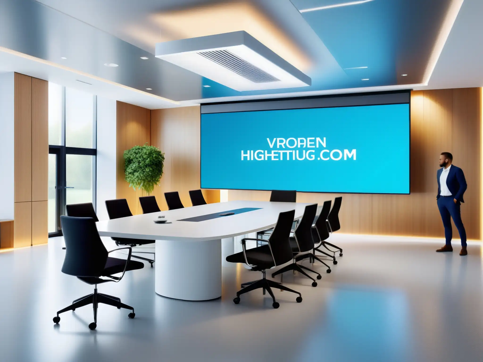 Sala de reuniones virtuales: ambiente moderno y profesional Reunión virtual con mobiliario moderno, tecnología de vanguardia y ambiente luminoso