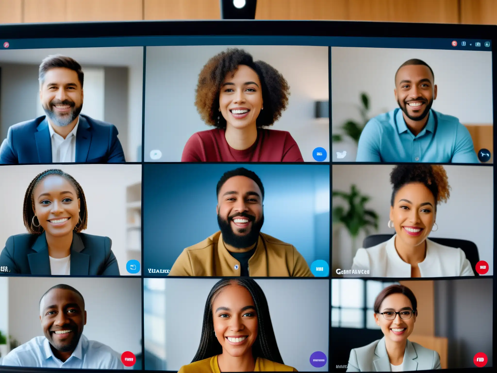 Emociones en videoconferencia: diversidad y conexión 'Una reunión virtual con personas diversas, mostrando emociones variadas y tecnología accesible