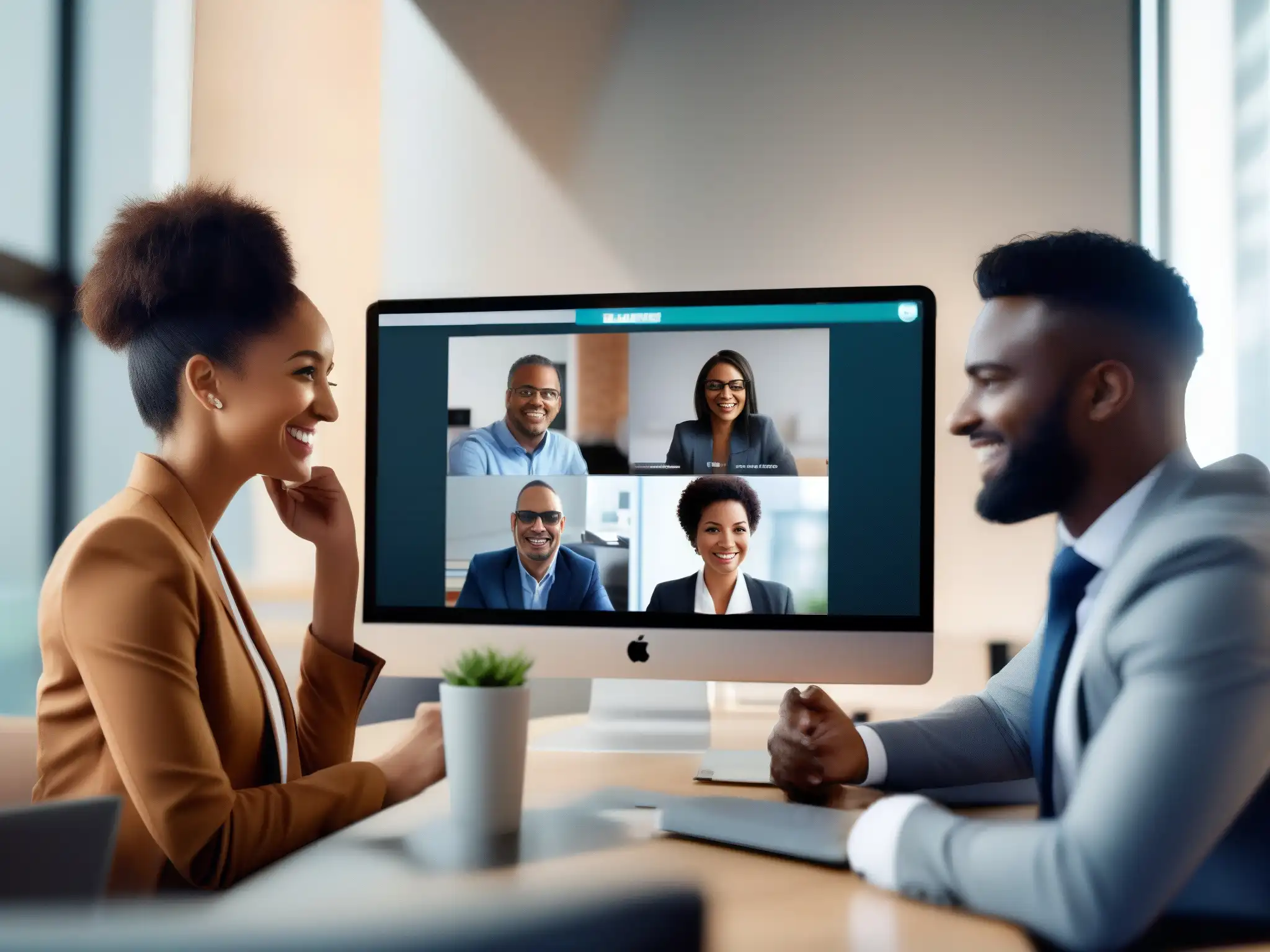 Profesionales en una reunión virtual productiva con GoToMeeting Una reunión virtual productiva y colaborativa de profesionales diversos, destacando las características y beneficios de GoToMeeting