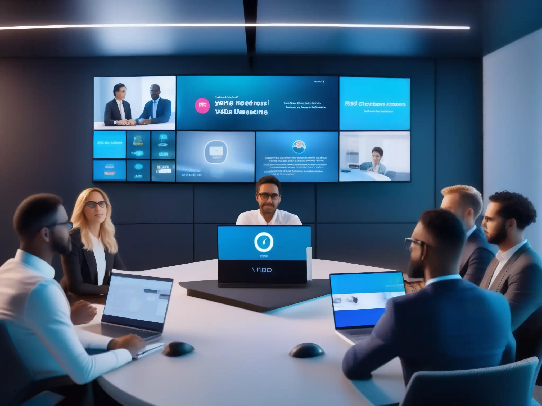 Videoconferencia segura y productiva en 8k con profesionales enfocados Una reunión virtual profesional y segura con múltiples pantallas mostrando feeds de video seguros y algoritmos de encriptación en ejecución