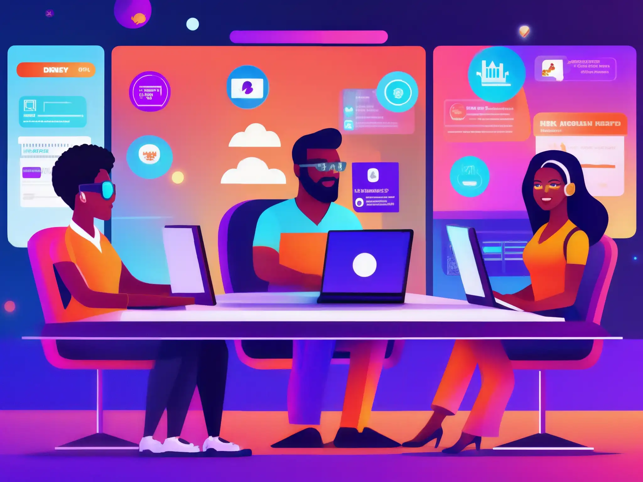 Reunión virtual gamificada: profesionales en entorno innovador Una reunión virtual de profesionales con avatares únicos y elementos de gamificación, evocando innovación y dinamismo