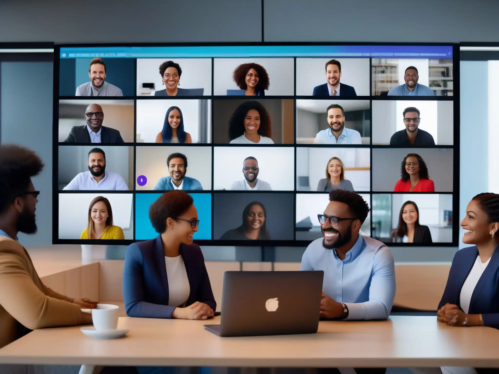 Reunión de startup en Zoom: productividad y colaboración en acción Una reunión de Zoom productiva y colaborativa entre empleados diversos, con decoración moderna