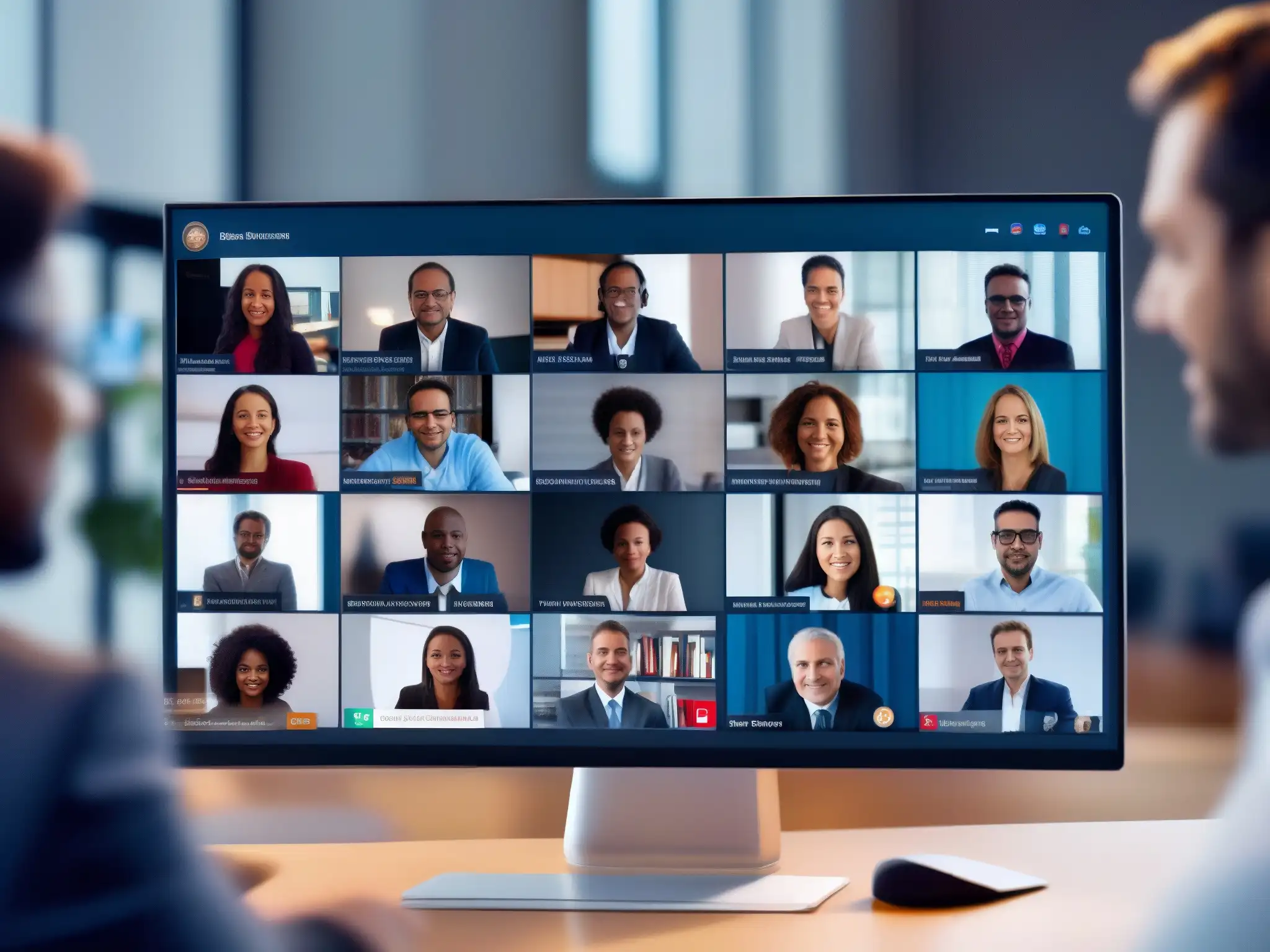 Reunión virtual de Zoom: Profesional y Segura Una reunión Zoom profesional y segura, con participantes atentos y confiados