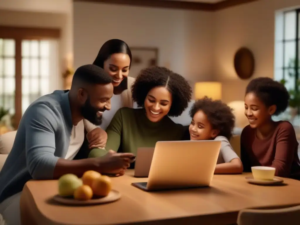 Reunión familiar virtual llena de alegría Reuniones familiares virtuales en videoconferencia: Familia reunida en mesa decorada, compartiendo risas y abrazos virtuales en cálida atmósfera